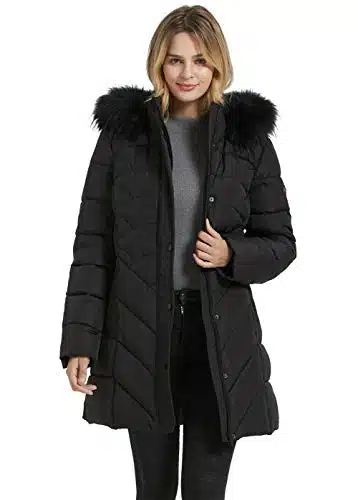 Binacl Women'S Thickened Down Alternative Jacket, Snowboard Skiing Parka Puffer Tunnel Collar Elastic Neck Cotton Padding Slide Water Resistant Outwear Jacket With Fur Trim Removable Hood(Black,L)