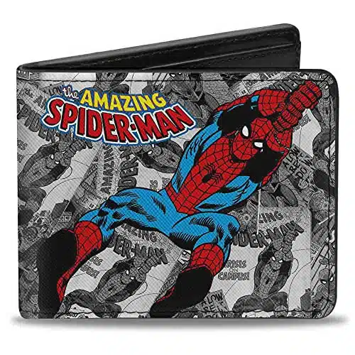 Buckle Down Men'S Pu Bifold Wallet The Amazing Spider Man Stacked Comic Booksaction Poses Grays, Multicolor, X