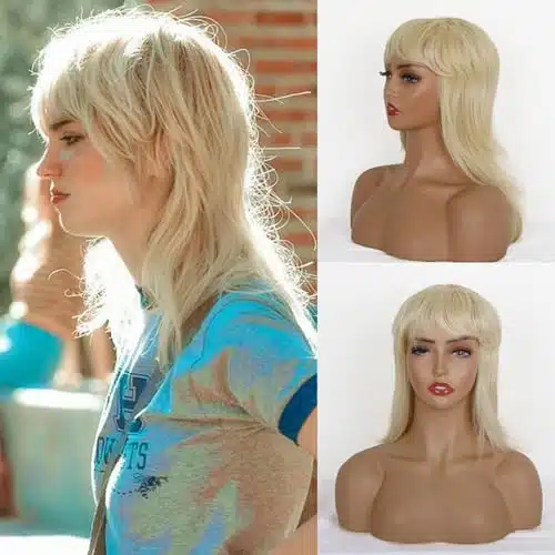 Cinhoo Modern Short Shaggy Mullet Wig For Women S Mullet Wig Pixie Cut Wig With Bangs Synthetic Natural Fake Blonde Hair Replacement Wigs With White Highlights Inch Mullet Haircut(Blonde)