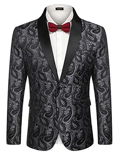 Coofandy Mens Floral Tuxedo Jacket Paisley Shawl Lapel Suit Blazer Jacket For Dinner,Prom,Wedding Grey