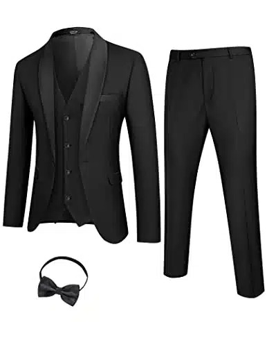 Coofandy Mens Suits Shawl Lapel Tuxedo Elegant Blazer Vest Trousers Tie For Wedding Prom Black L