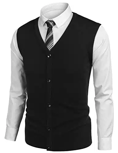 Coofandy Men'S Sweater Vest V Neck Casual Sleeveless Knitted Button Cardigan Vest Black