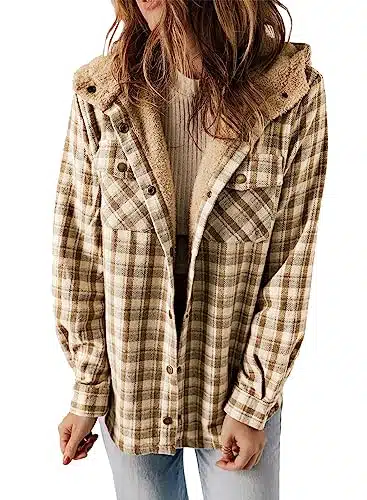 Dokotoo Shacket Jacket Women Fashion Plaid Oversized Hooded Long Sleeve Flannel Shirts Button Down Sherpa Coats Pocketed Casual Winter Fall Thick Fleece Lined Outerwear Khaki L