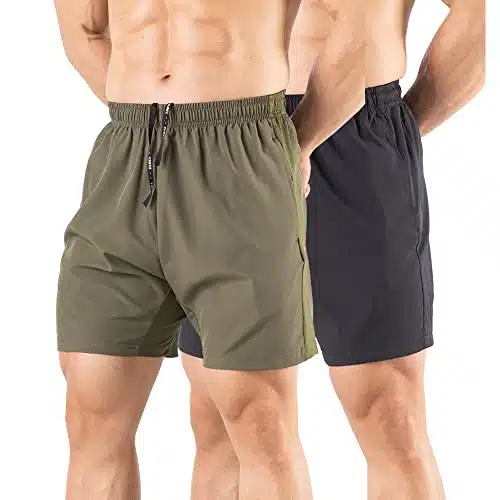 Gaglg Men'S Running Shorts Pack Quick Dry Athletic Workout Gym Shorts With Zipper Pockets Blackgreen,Large