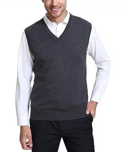 Kallspin Men'S Wool Blended Vest Sweater Relaxed Fit V Neck Sleeveless Knitted Vest Pullover (Charcoal, X Large)