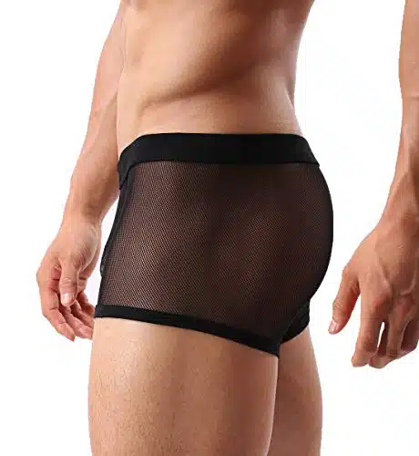Mens Sexy Underwear Breathable Mesh Boxer Briefs See Through Hollow Lingerie Black Medium
