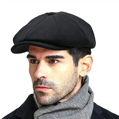 Mens Vintage Newsboy Gatsby Hat Blend Wool Flat Ivy Cabbie Autumn Winter Cap Boyfriend Gift (M) Black