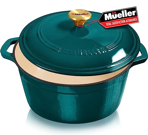 Mueller Quart Enameled Cast Iron Dutch Oven, Heavy Duty With Lid, Stainless Knob   For Baking, Braising, Stews