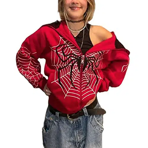 Nikduck Yk Full Zip Up Hoodie Women Oversized Goth Sweatshirt E Girl Rhinestone Long Sleeve Graphic Jacket Streetwear (Standard, Red, L)