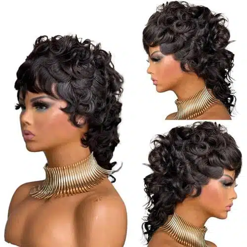 Purplesexy % Virgin Human Hair Mullet Wig For Black Women, Natural Black Color, Layered Curly Pixie Cut, Medium Size Cap, Inch Front To Nape, Comfortable Fit