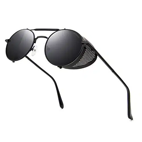 Ronsou Steampunk Style Round Vintage Sunglasses Retro Eyewear Uvprotection Matel Frame Black&Amp;Grey