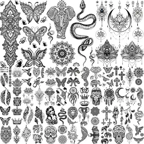 Shegazzi Sheets Black Lace Temporary Tattoos For Women Girls, Large Lotus Mandala Flower Snake Elephant Butterfly Fake Adults Kit, Indian Tribal Skull Arm Sleeve Neck Tatoos Wedding