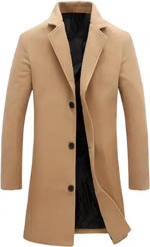 Springrain Men'S Wool Blend Pea Coat Notched Collar Single Breasted Overcoat Warm Winter Trench Coat(Khaki L)