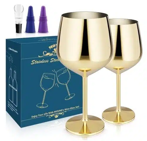 Stainless Steel Wine Glass Set Of , Oz Gold Wine Glass, Unbreakable Metal Wine Glasses With Wine Stoppers And Pourer, Stemmed Wine Goblet Perfect Gifts For Travel Outdoor Part