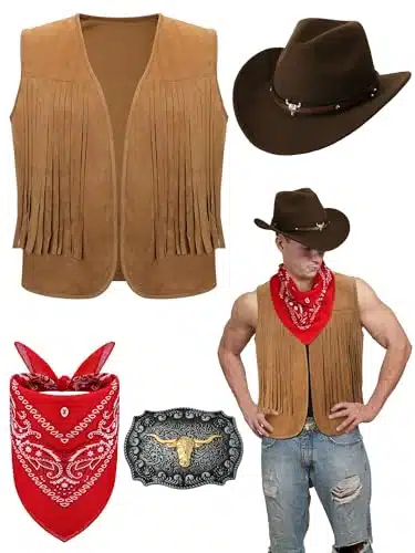 Toulite Pcs Western Outfits For Men Cowboy Tassel Vest Hat Belt Buckle Paisley Bandana For Halloween Cosplay(Brown, Coffee, Red, X Large)