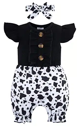Unicomidea T Summer Cltohes Cow Print Romper Baby Girl'S Short Sleeve Bodysuit Infant Unique Baby Party Jumpsuit Onths Outfit With Headband Toddler First Bithday Bodysuit