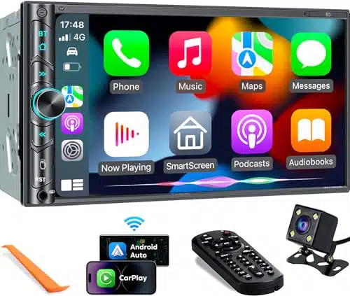 Upgrade Wireless Double Din Car Stereo With Apple Carplay, Android Auto, Bluetooth, Channel Rca, High Power, Subwoofer Ports, Hd Capacitive Touchscreen Car Radio, Backup Camera, Audio Receiver