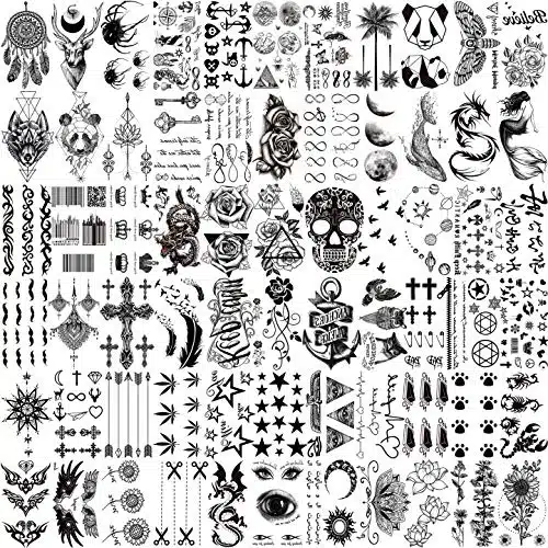 Vantaty Sheets D Small Black Temporary Tattoos For Women Men Waterproof Fake Tattoo Stickers For Face Neck Arm Children Flower Birds Star Realistic Tatoo Kits For Boy Girls Adults