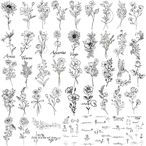 Waterproof Temporary Tattoo   Sheets Realistic Fake Tattoos, Sheets Inspirational Words Tattoo Stickers, Sheets Wild Flower Floral Rose Sunflower Bouquet Body Stickers For Adult Women Men Kids