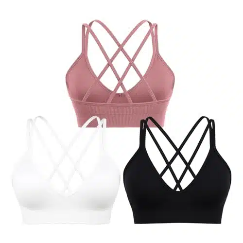 Women'S Deep V Neck Strappy Sports Bras Low Impact Sexy Criss Cross Back Sports Bra Pack Seamless Padded Yoga Bra For Workout Exercise Athletic Gym