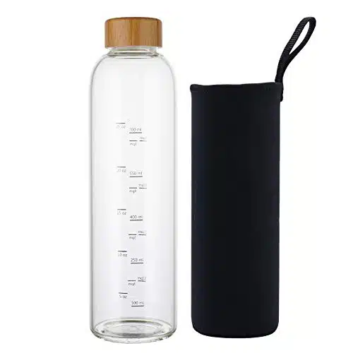 Sunkey Oz Glass Water Bottle With Time Marker Bamboo Lid Neoprene Sleeve For To Go Travel Gym Home Reusable Eco Friendly Bpa Free (Black)