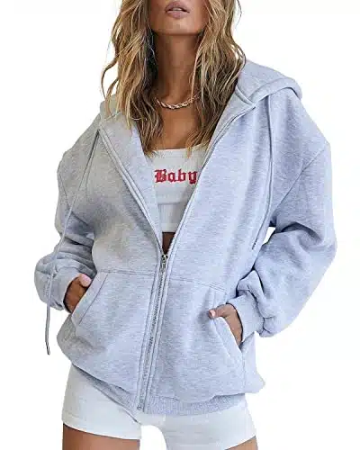 Athmile Women'S Oversized Zip Up Hoodie Lightweight Jacket Sweaters Fall Sweatshirts Casual Drawstring Plus Size Winter Clothes With Pocket Grey