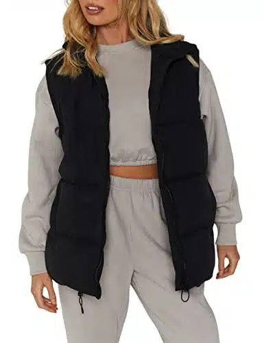 Athlisan Womens Puffer Vest Zip Up Stand Collar Sleeveless Padded Jacket Coat(Black L)