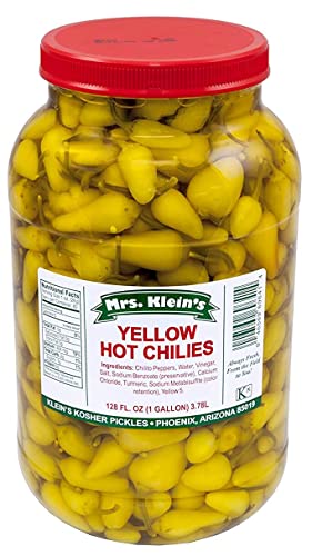 Mrs Kleins • Yellow Hot Chilies • Hot Chili Peppers Bulk Gallon Great On Charcuterie Board Or Mezze Platter Appetizer Tray Or With Hamburgers Hotdogs And Chicken Sandwiches Mrs Klein'S Yellow Hot Chilies Hot Chili Peppers Bulk Gallon Great On Charcuterie Board Or Mezze Platter, Appetizer Tray Or With Hamburgers, Hotdogs And Chicken Sandwiches