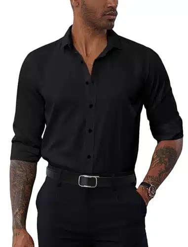 Pj Paul Jones Men'S Regular Fit Dress Shirts Long Sleeve Formal Business Casual Button Up Shirts Black