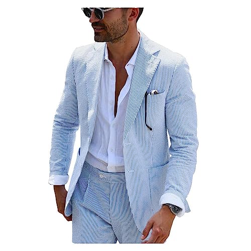 Popele Mens Blue Seersucker Summer Suit Grooms Sear Sucker Suit For Wedding Mens Formal Suits Slim Fit Popele Mens Blue Seersucker Summer Suit Grooms Sear Sucker Suit For Wedding Mens Formal Suits Slim Fit