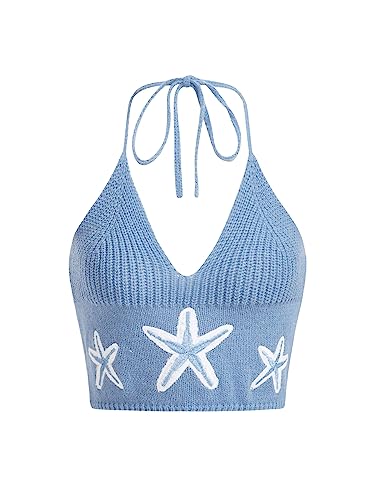 Shenhe Womens Star Print Halter Neck Tie Backless V Neck Knit Crop Top Yk Camisole Dusty Blue M Shenhe Women'S Star Print Halter Neck Tie Backless V Neck Knit Crop Top Yk Camisole Dusty Blue M