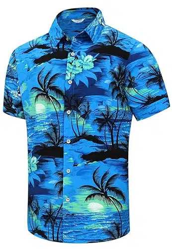 Shelucki Hawaiian Shirt For Men, Unisex Summer Beach Casual Short Sleeve Button Down Shirts, Printed Palmshadow Clothing Palm Tree Blue L