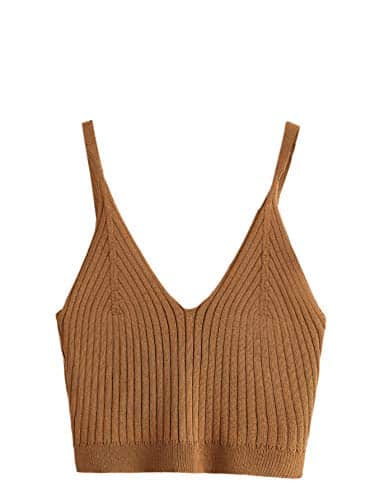 SweatyRocks Women's V Neck Crop Cami Top Ribbed Knit Spaghetti Strap Sleeveless Vest Brown S