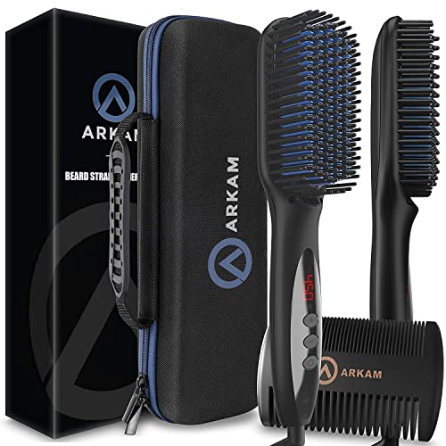 Arkam Beard Straightener For Men  Premium Heated Beard Brush Kit Wanti Scald Feature, Dual Action Hair Comb And Hard Shell Travel Case For Medium To Long Beards   Costume And 
