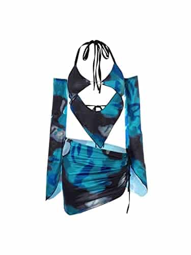 Cape Clique Women Marble Print Halter Backless Dress Split Long Sleeves Sexy Slim Fit Mini Dress Cool Street Skirt Suit Blue Cape Clique Women Marble Print Halter Backless Dress Split Long Sleeves Sexy Slim Fit Mini Dress Cool Street Skirt Suit Blue
