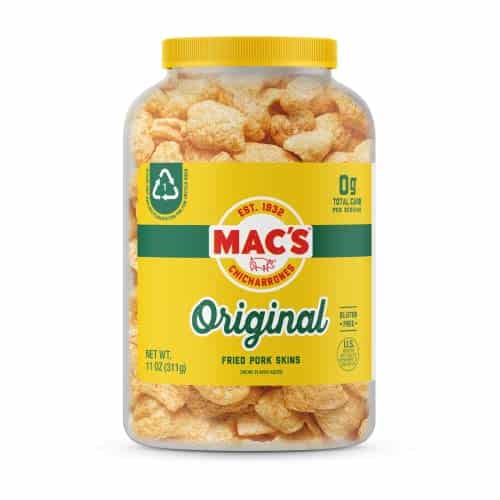 Macs Pork Rinds Fried Pork Skins Original Ounce Canister Zero Carbs Keto Friendly Snack Gluten Free Mac'S Pork Rinds, Fried Pork Skins, Original, Ounce Canister Zero Carbs, Keto Friendly Snack, Gluten Free