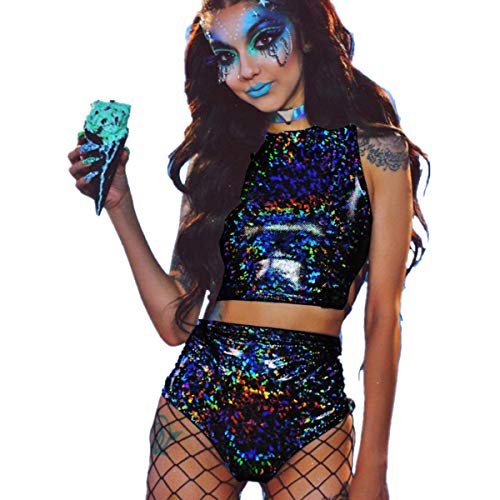 Rarityus Women Rave Holographic Bodysuit Mini Two Piece Hologram Metallic Silver For Dance Party Clubwear Edm Festival Rarityus Women Rave Holographic Bodysuit Mini Two Piece Hologram Metallic Silver For Dance Party Clubwear Edm Festival