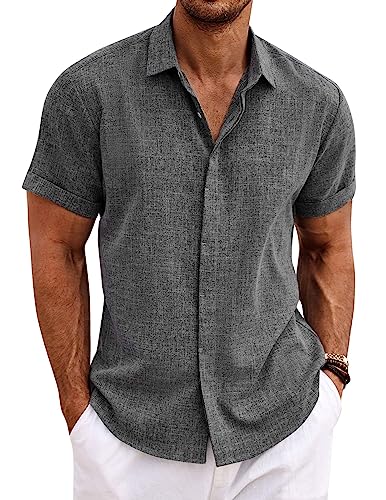 Coofandy Mens Linen Untucked Button Up Shirt Casual Short Sleeve Slim Fit Summer Shirts Dark Grey Coofandy Men'S Linen Untucked Button Up Shirt Casual Short Sleeve Slim Fit Summer Shirts Dark Grey