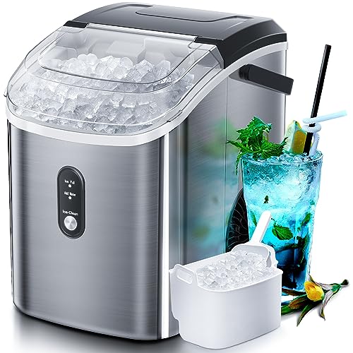 Nugget Countertop Ice Maker with Soft Chewable Ice, LbsH, Pebble Portable Ice Machine with Ice Scoop, Self Cleaning, One Click Operation, for Kitchen,Office Stainless Steel Si